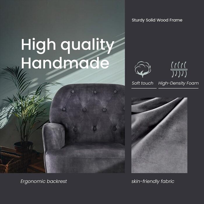 Крісло IWMH для вітальні/спальні, крісло-коктейль Lazy Lounge, зручне з підлокітниками та бічною кишенею, сучасне оксамитове поворотне крісло для читання з металевими ніжками (сіре)