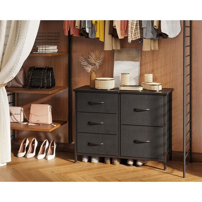 Комод Coleshome з 5 тканинними шухлядами, комод з 2 великими та 3 малими шухлядами, дерев&39яна стільниця, міцний сталевий каркас, підходить для спальні та вітальні, 76 x 29 x 60 см, чорний
