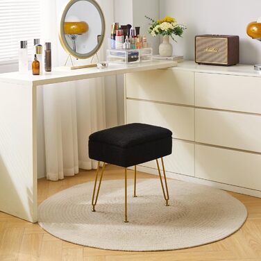 Туалетний стілець-стілець з місцем для зберігання, квадратний оксамитовий пуф Тедді, сучасний багатофункціональний макіяжний стілець для спальні, вітальні 40 x 30 x 47 см чорний HBD031B