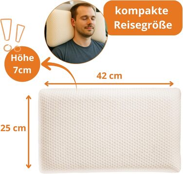 Маленька дорожня подушка для сну 25x42 см, висота 7 см, подушка для шиї, ортопедична подушка, стискаюча подушка з віско з піни з пам&39яттю форми 25 x 42 см, ергономічна подушка для підтримки шиї, зроблено в ЄС, Oeko-TEX 25 x 42 x 7 см