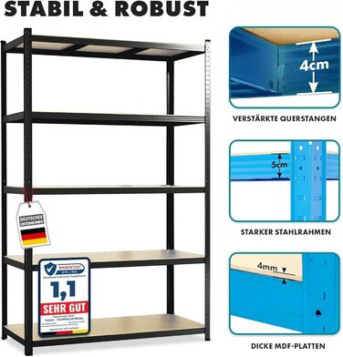 Міцний стелаж etm, упаковка з 2 шт., 200 x 100 x 50 см, чорний Безболтовий стелаж, стелаж для зберігання, окремостоячий стелаж, система складання без інструментів (Lakota, чорний) Чорний 200 x 100 x 50 см
