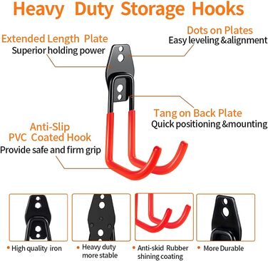 Настінний гачок Гараж, гачок для обладнання, подвійний гачок 10 шт. , настінний гачок важкий для драбини, інструменти, шланг, електроінструменти - червоний червоний 10 шт., 3-H