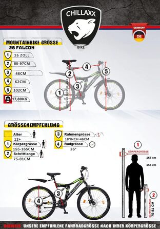 Гірський велосипед Chillaxx Bike Falcon преміум-класу розміром 24, 26, 27,5 та 29 дюймів - Велосипед для хлопчиків, дівчаток, жінок та чоловіків - Дискові гальма - 21 швидкість - Повнопідвіска 26 дюймів Чорно-синій Дискові гальма
