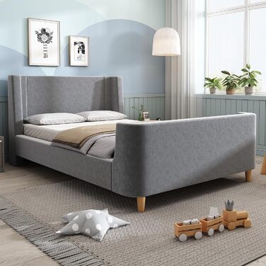 Дитяче м&39яке ліжко Merax 90x200 см, каркас одного ліжка з рейковою основою, високим узголів&39ям та ізніжжям, миле дитяче ліжко з креативним мультяшним візерунком, для хлопчиків та дівчаток, оксамит, матрац не входить до комплекту, сірий 90 x 200 см сір