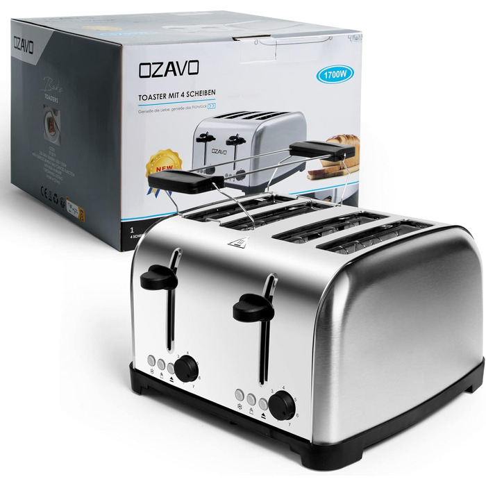 Тостер OZAVO 4 скибочки, насадка для булочок, 7 рівнів підсмажування, функція центрування, зі знімним піддоном для крихт, корпус з