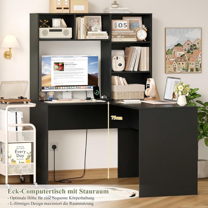 Кутовий письмовий стіл FirFurd з подовжувачем, L-подібний комп&39ютерний стіл з книжковою полицею, стіл для ПК/ноутбука для офісу, кабінету, вітальні, домашнього офісу, чорний, 153 x 125 x 108 см