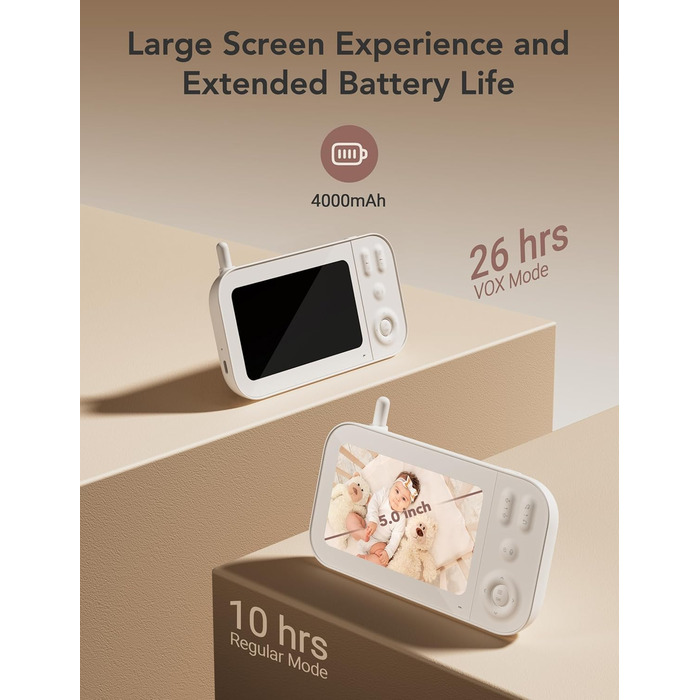 Відеоняня з камерою 5 дюймів, відеоняня з камерою без Wi-Fi, радіоняня з акумулятором 4000 мАг, нічне бачення 720P HD, двосторонні