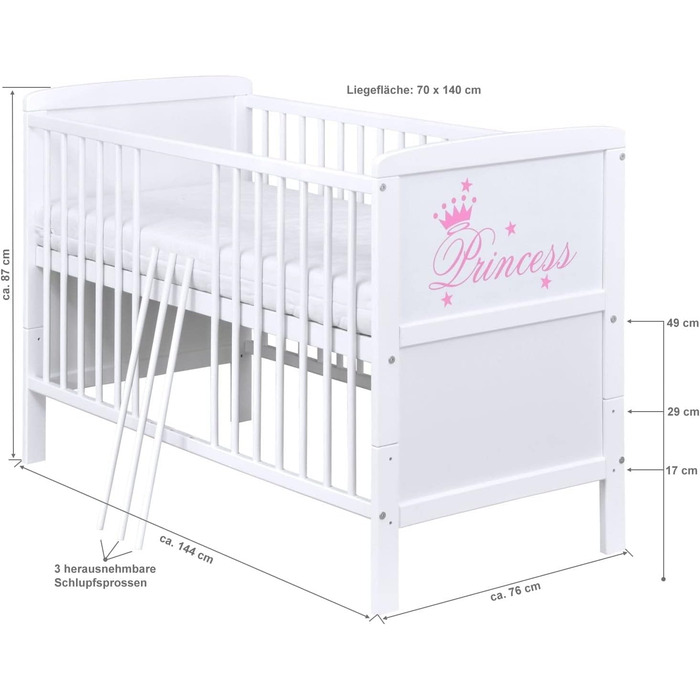 Дитяче ліжко Generic Baby Deluxe 70x140, що трансформується в дитяче ліжко білого кольору 140x70 з матрацом з алое вера та бортиками для прорізування зубів (Princess)