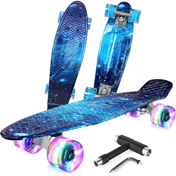 Скейтборд для дітей, підлітків та дорослих BELEEV Mini Cruiser Skateboard 22 Inch – Galaxy Blue, світлодіодні колеса з підсвічуванням