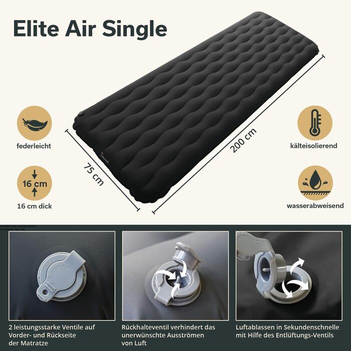 Килимок Skandika Elite/Exclusive Air для сну на одинарний/двоспальний ліжку Надувний матрац, невеликий розмір у пачці, високопродуктивний клапан, килимок для сну на вулиці, надлегкий, надзвичайно товстий, сумка для перенесення для кемпінгу та походів, ант