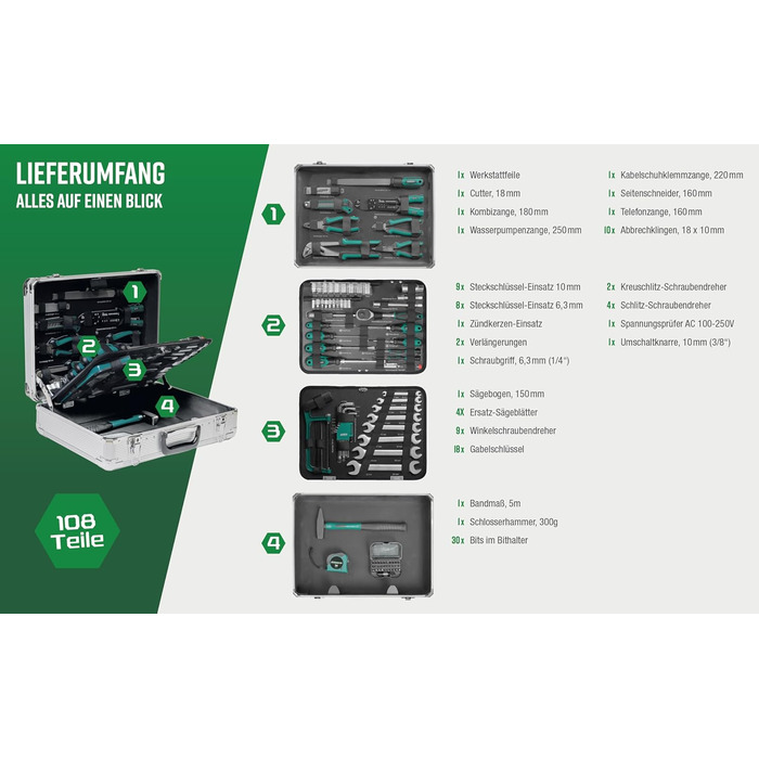 Алюмінієвий кейс для інструментів Brder Mannesmann, оснащений, 108 предметів M29075 Single