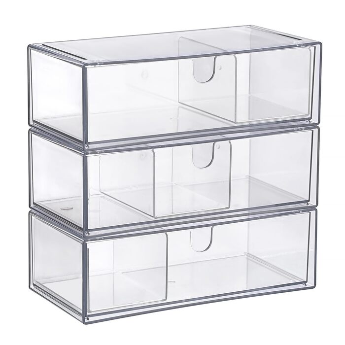 Акрилова коробка для зберігання з 3 шухляд, штабелюваний органайзер для косметики, прозора шухляда зі знімними роздільниками для ювелірних виробів, товарів для здоров&39я, кавових капсул, канцелярського приладдя