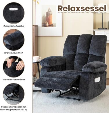 Крісло для телевізора з функцією відкидання, відкидне крісло з імітацією лляної тканини, крісло/відкидне крісло, вантажопідйомність до 150 кг, для вітальні (темно-сіре, маленьке)