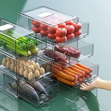 Органайзери для кухні YekouMax контейнери для зберігання продуктів, кошики для холодильника, штабельовані пластикові ящики з висувними шухлядами (набір з 2 шт., великий та середній розмір)
