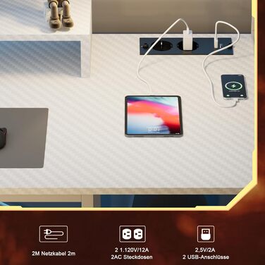 Ігровий стіл Devoko зі світлодіодним підсвічуванням, письмовий стіл DIY на кілочках з USB-портом і розеткою, комп'ютерний стіл 120