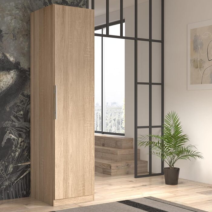 Шафа 50 55, маленька шафа, вузька шафа для передпокою, вішалка для пальто, шафа з орними дверима, 1-дверна з полицями, декор дерева дуб Сонома, 51 см завширшки x 213 см заввишки x 59 см завглибшки, дубова шафа для передпокою
