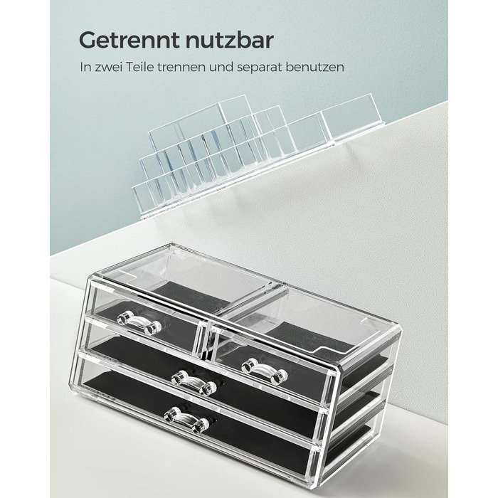 Органайзер для макіяжу SONGMICS, косметичний органайзер з 4 шухлядами та 11 відділеннями різних розмірів, нековзні вставки, для макіяжу та ювелірних виробів, прозорий JKA001TP