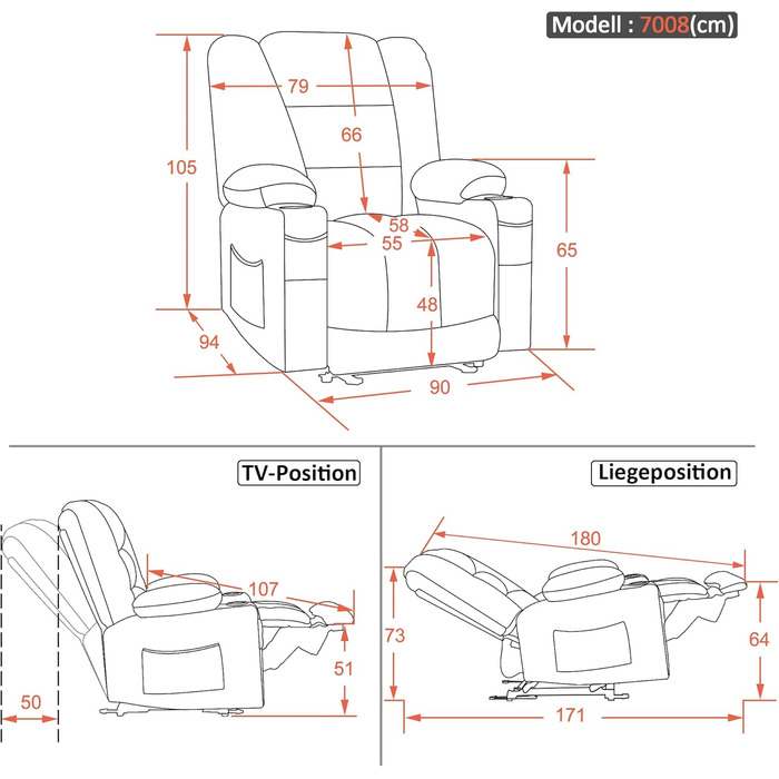 Електрично регульоване крісло для телевізора 7008, Крісло-реклайнер з функцією відкидання, Крісло для телевізора з функцією масажу та підігріву, USB та підсклянник, Вітальня (Тканина, сірий) Тканина сірого кольору