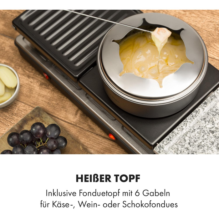 Гриль і фондю для раклету 3-в-1, 1650 Вт металевий/натуральний камінь/млинець, 3 окремі нагрівальні елементи з нержавіючої сталі, до 12 осіб, антипригарне покриття, чорний