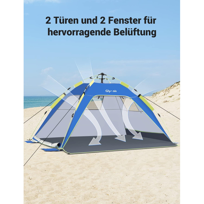 Пляжний намет Glymnis Quick Up, автоматичний пляжний намет із дверима на блискавці, захист від ультрафіолету 50, вітрозахисний, невеликий розмір у упаковці, пляжний намет для 3-4 осіб, синій