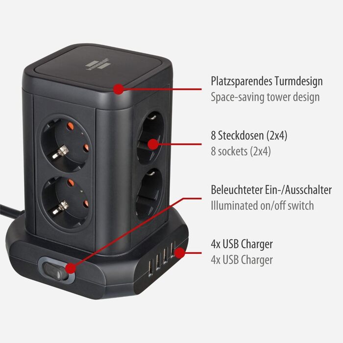 Розеткова колодка Brennenstuhl 8-місна з USB, сертифікована TV-Sd (блок розеток 8-місний з 4 шт. USB, розетки розташовані під куто