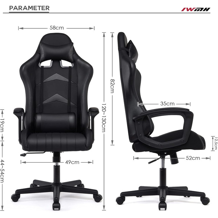 Ігрове крісло IntimaTe WM Heart, ергономічне ігрове крісло, офісне крісло з регульованим підголівником та поперековою опорою, комп&39ютерне крісло з високою спинкою, 52 x 49 x 130 см (чорне) Чорний 52 Г x 49 Ш x 130 В см