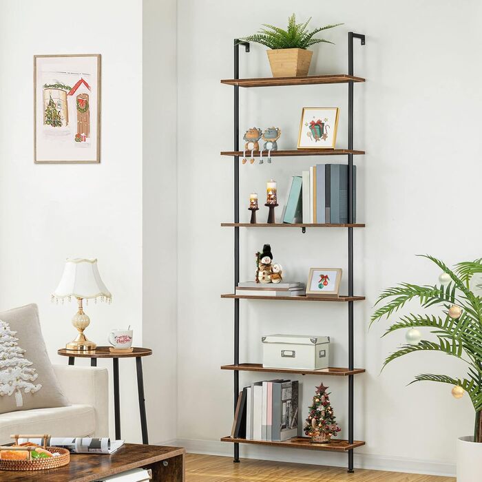 Рівнева книжкова полиця HOOBRO своїми руками, промислова драбина, полиця з ДСП, вертикальна полиця зі стабілізуючою металевою рамою, для домашнього офісу, вітальні, темно-коричневий EBF65CJ01 60 x 24 x 200,5 см темно-коричневий чорний, 6-