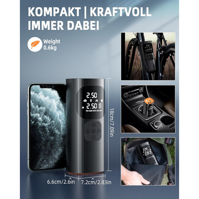 Електричний повітряний насос, міні-компресор, 160x70x50 мм, 10.3 бар / 150 PSI, ABS-пластик/метал, чорний