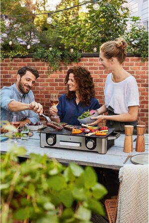 Гриль, електрогриль, 50x28 см, електрогриль Настільний гриль з лобовим склом і піддоном для крапель, сертифікований на відкритому повітрі для барбекю, 2 окремо регульовані поверхні гриля, 2400 Вт, нержавіюча сталь матова