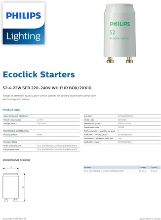 Для люмінесцентних ламп, S2, 422 Вт, SER, 220240 В, упаковка з 2 шт., 2 Starter