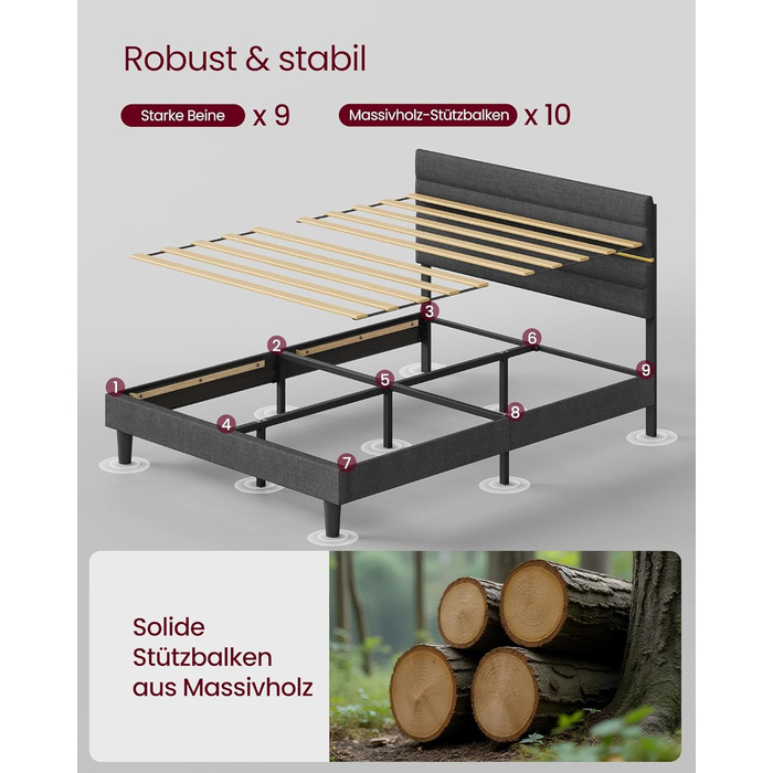 М&39яке ліжко, каркас двоспального ліжка, каркас ліжка, підходить для матраца 140 x 200 см, регульоване м&39яке узголів&39я, каркас ліжка, метал, масив дерева, сучасний, сланцево-сірий RMB504G01 140 x 200 см Сланцево-сірий