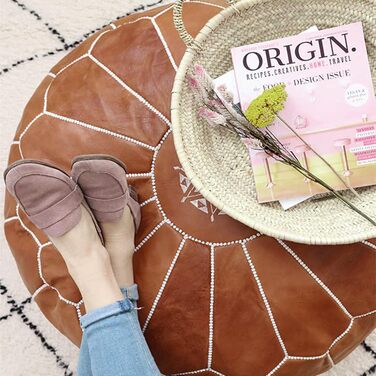 Марокканська подушка для підлоги з натуральної шкіри - Верблюжий вінтаж - Наповнена - Міцна шкіра, ручної роботи, східний пуф-мішок, пуф-підставка, світло-коричневий (верблюжий вінтаж)