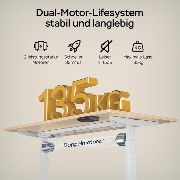 Стіл з регулюванням висоти 140x70 см, цільна стільниця 25 мм, подвійний двигун, 3-рівнева конструкція, інтелектуальне керування з 4 слотами пам&39яті та 2 USB-портами (бежевий білий 140 см x 70 см)