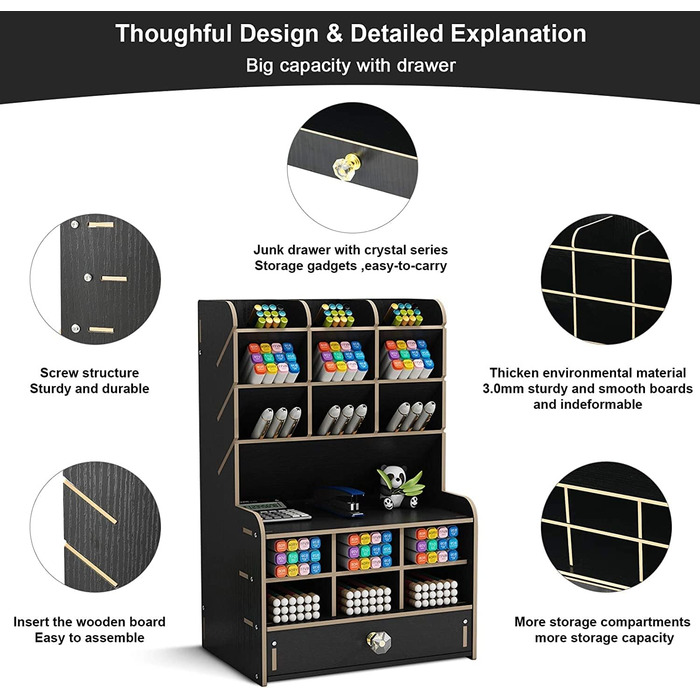 Дерев'яний настільний органайзер Багатофункціональний настільний канцелярський тримач для ручки Коробка для домашнього офісу Стелаж для зберігання шкільного приладдя з шухлядою (чорний-b16)