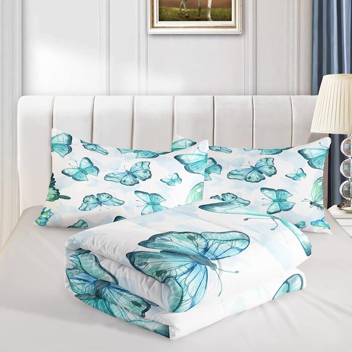 Ковдра QOOMO метелик, двоспальне ліжко, комплект дитячої постільної білизни з метеликами, 3-секційна, друкована ковдра з 2 наволоч