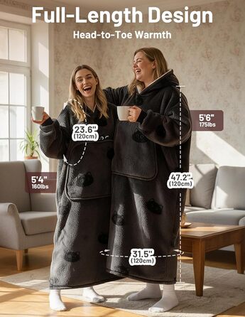 Ковдра Mewaii з рукавами, м&39яка фланелева ковдра з худі з шерпи для жінок та чоловіків, ідеально підходить для дому, подорожей та любителів домашніх тварин, світло-чорна