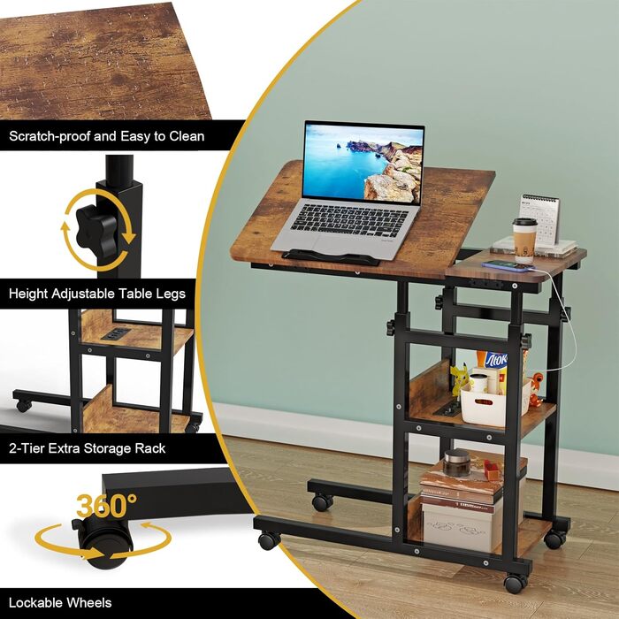 Журнальний столик на колесах, 80 см x 40 см, столик для ноутбука з розеткою та портом USB-C, регульована висота, дерев&39яний стіл, журнальний столик, тумбочка, спальня, вітальня, вінтажний вигляд дерева, колір вінтажного дерева