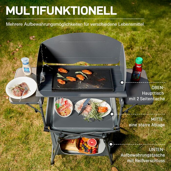 Складана кемпінгова кухня Ever Advanced з вітровим скло, складна кемпінгова шафа з 3 стільницями, сумка для зберігання, складна кухня з сумкою для перенесення, підходить для кемпінгу, саду, каравану, сім&39ї