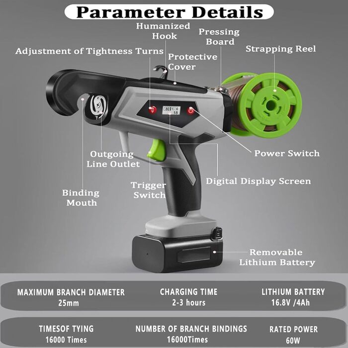 Акумуляторний обв'язувач рослин - портативний пристрій для саду з дисплеєм, для підв'язування винограду, квітів та розсади