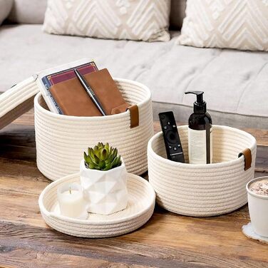 Кошики для зберігання з кришками, плетені кошики з бавовняних ниток з ручками, декоративні кошики, що миються, багатофункціональний органайзер для полиць, вітальня та ванна кімната (білий), 2
