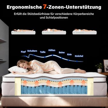 Матрац 140x200 см, висота 26 см, 7-зонний пружинний матрац, рівень жорсткості H3, гібридний матрац з 1000 пружинами та піною з ефектом пам&39яті, підтримка спини, ізоляція руху, зняття тиску, дихаючий 140 x 200 см