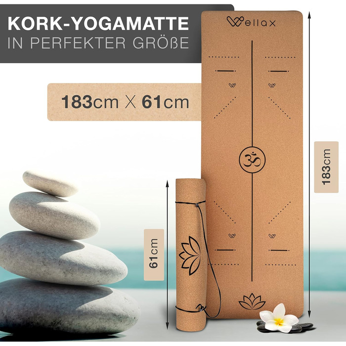 Килимок для йоги Wellax Yoga Mat Cork - 100 натуральний килимок для йоги, що не ковзає 185x66x0,6 см - Дуже товстий і не містить шкідливих речовин - Спортивний килимок з практичним ременем для перенесення