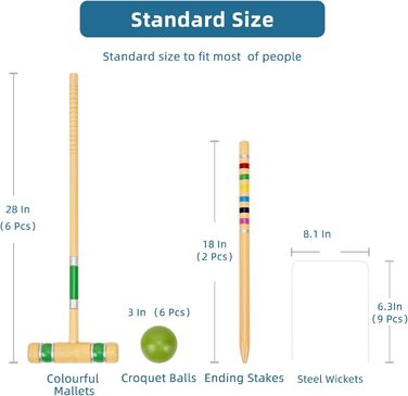 Набір для крокету Pointyard, 6 гравців, 71 см, з дерев&39яними молотками, кольоровими м&39ячами, хвіртками, кілками для дорослих, підлітків, сімей, ідеально підходить для гри на газоні, у дворі, в парку (включає сумку для перенесення), різнокольоровий