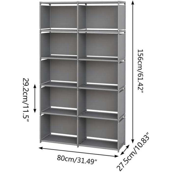 Книжкові полиці MOYIPIN, зібрана полиця для зберігання, вертикальна шафа-книжкова полиця для спальні, вітальні, дворядна багатофункціональна шафа для зберігання на 10 ящиків (сіра) сірого кольору, 10 відділень