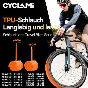 Велосипедна камера CYCLAMI TPU для Gravel та MTB (700x32-47c) для шосейних велосипедів, гравійних велосипедів, 46 г, надлегка