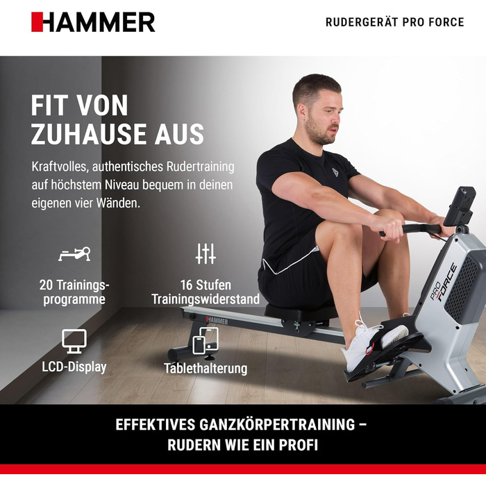 Гребний тренажер HAMMER Pro Force - компактний, легкий та високоефективний кардіотренажер з 20 програмами тренувань та тримачем для планшета, вага користувача до 120 кг