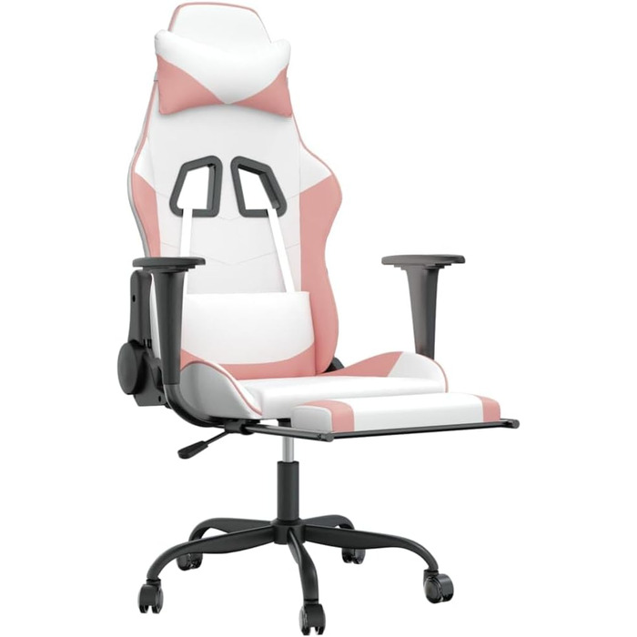 Геймерське крісло з підставкою для ніг, біла та рожева штучна шкіра, регульована спинка та висота, поворот на 360 градусів, міцний металевий каркас, ергономічний комфорт, довговічний
