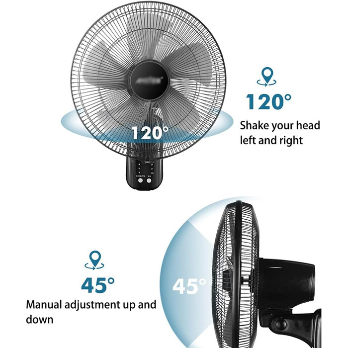 Настінні вентилятори - 16/18 дюймів - 5 лопатей вентилятора - 3 швидкості - настінні вентилятори, настінні вентилятори для дому та ресторану, настінні вентилятори для промисловості з хитною головкою, сильні