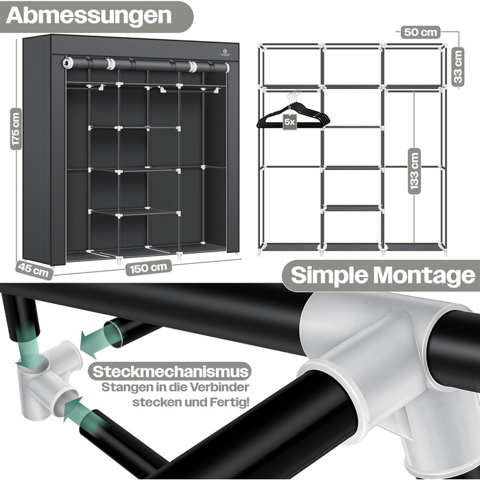 Тканинна шафа KESSER, міцна з вішалкою для одягу та полицями, вкл. 5 вішалок для одягу, тканинна складна шафа для спальні, гардеробна з вішалкою для одягу, 150x45x175 см, антрацит