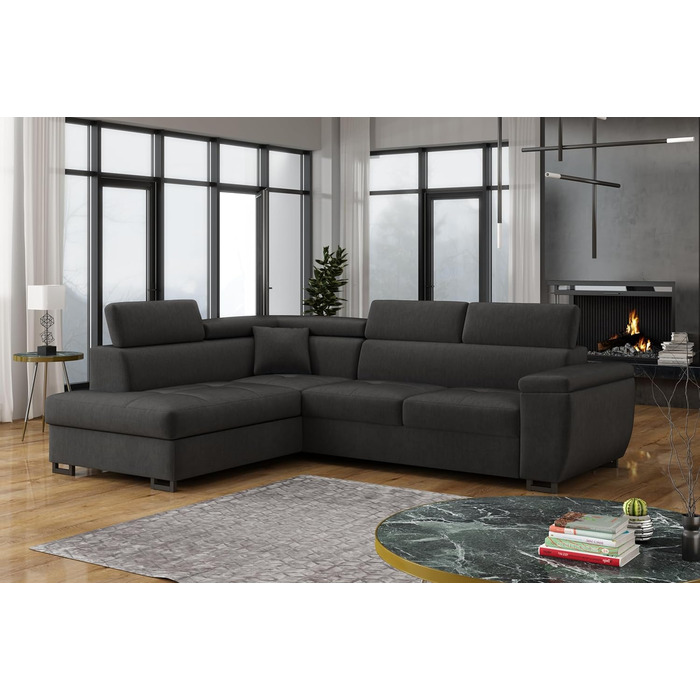 Кутовий диван з функцією сну та відділенням для зберігання речей Nicole 270x202x96 см (ШxГxВ) L-подібний диван з регульованими підголівниками Кутовий диван з функцією сну Пружинна основа Диван сірий лівий, шезлонг лівий сірий